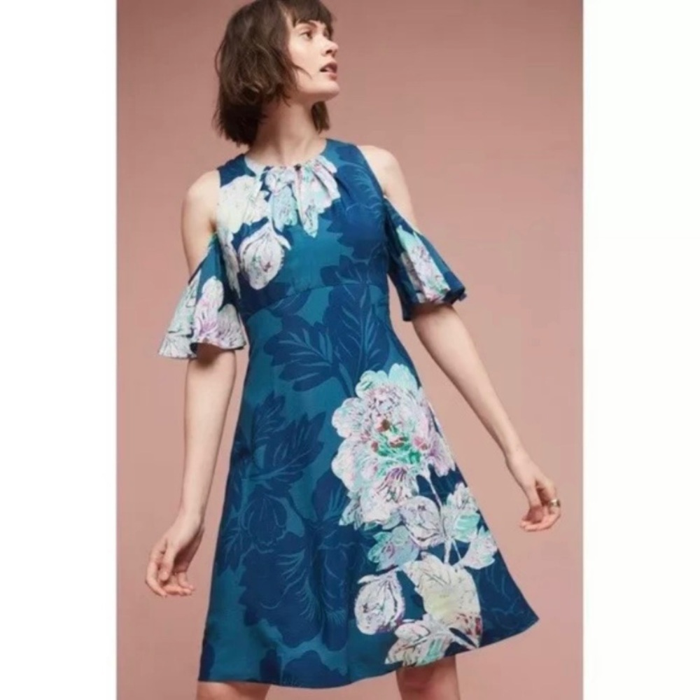 Anthropologie Maeve blue dress open sholder NWT